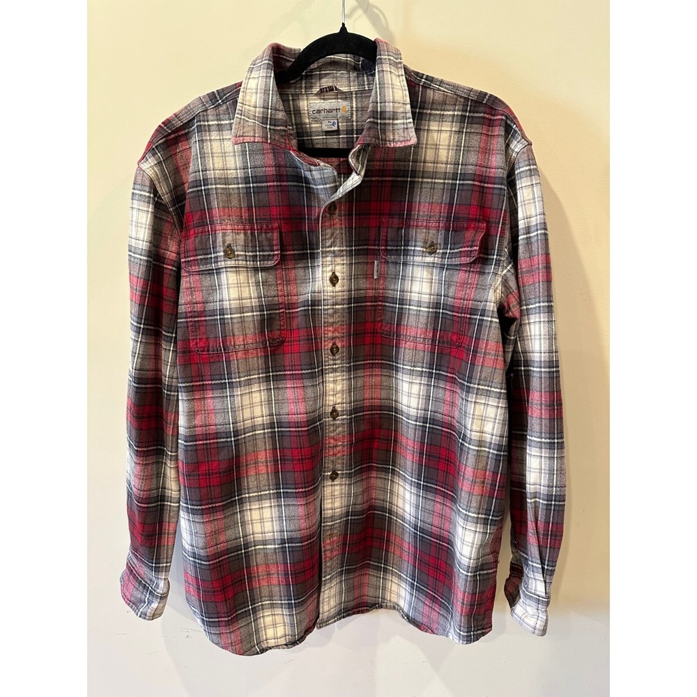 Carhartt Mens Heavyweight Red Grey Plaid Flannel Work‎ Shirt Sz XL 100% Cotton